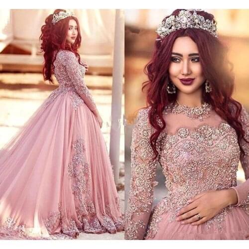 Pink Muslim wedding Dresses 2020 Ball Gown Long Sleeves Tulle Lace Beaded Islamic Dubai Saudi Arabic Long Elegant wedding Gown