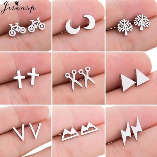 Small Stainless Steel Earrings Women Punk Jewelry Fashion Moon Leaf Scissors Snow Mountain Stud Earring Best Gift for Friends