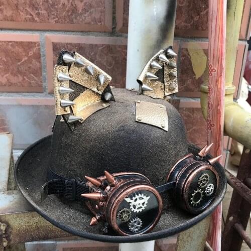 Steampunk Hat Women Men Bowler Hat Patch Gear Glasses Topper Fedora Headwear Cosplay Billycock Groom Punk Rivet Cat Ear Hat