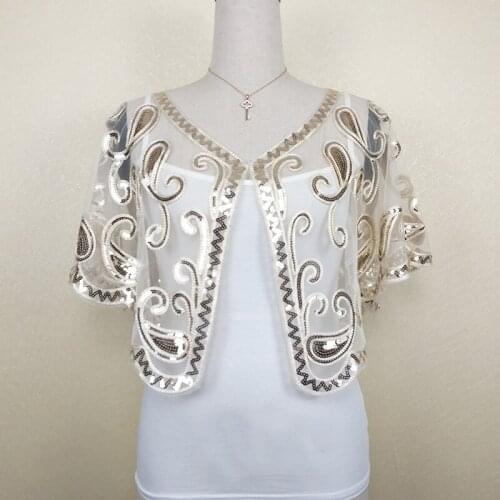 Vintage 1920s Shawl Wraps Sequin Beaded Evening Cape Bridal Shawl Bolero Flapper Cover Up (Apricot/Black/Gold/Silver)