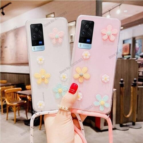 Daisy Flower Lanyard Cord Case For Vivo X60 Pro IQOO Neo 5 Z3 7 Y72 Y83 Y51 2020 Y73S Y52S V17 S9 V20 SE Clear Protection Cover