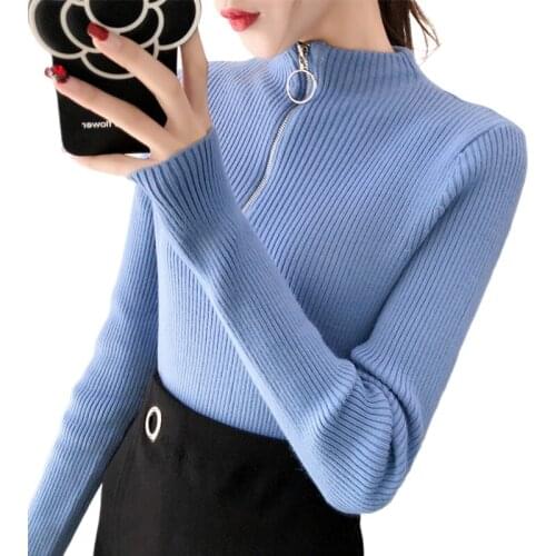 Zipper Knitted Turtleneck Women Sweaters Solid Slim Elegant Lady Pulls Fashion Outwear Coat Tops