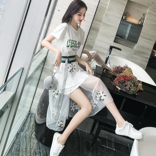 Two-piece Womens Half-length Skirt Summer 2021 Womens New T-shirt Skirt Cotton Dress Two-piece Mesh Dress Suit Two-piece Woman