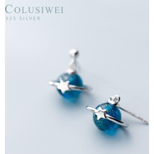 Colusiwei Real 925 Sterling Silver Secret Planet Moon Star Stud Earrings for Women Blue Crystal Sterling Silver Jewelry 2020 NEW
