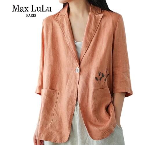 Max LuLu 2020 Autumn Korean Fashion Designs Ladies Linen Coats Women Embroidery Casual Oversized Blazers Loose Oversized Jackets