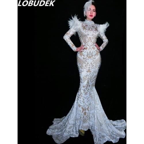 High-end Stylish Sparkly Rhinestones White Feathers Epaulet Trailing Dress Women Evening Prom Birthday Celebration Long Dress