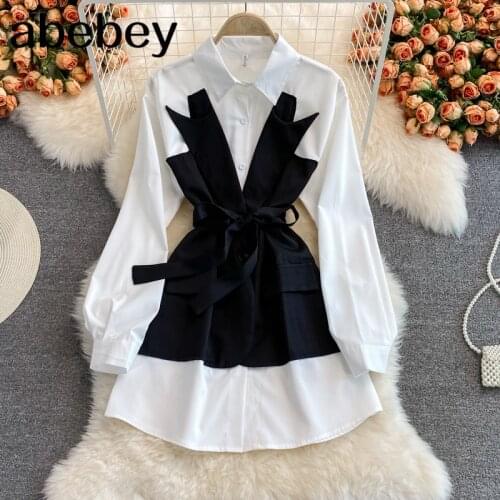 2021 New Spring Autumn Korean turn down collar long sleeve Dress fake two piece patchwork high waist lace up short A-line Dress
