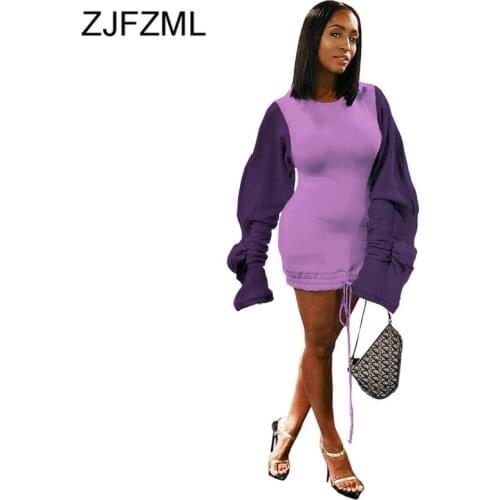 Ruffle Puff Sleeve Casual Hoodie Dress Women Drawstring Split Long Sleeve Sweatshirt Dress Autumn Winter Fleece Plus Size Dress