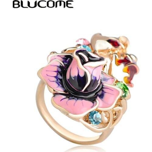 Blucome Vintage Red Enamel Rose Flower Ring Gold Color Alloy Female Women Party Wedding Jewelry Hollow Out Wide Big Accessories