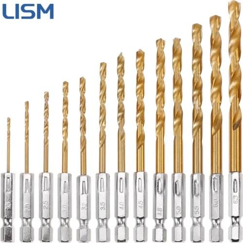 13Pcs Hex Shank Titanium Coated HSS Twist Drill Bit Set Power Tools Accessories Woodworking Tool 1.5-6.5mm Twist Drill Bit