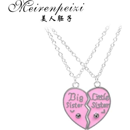 2PC/Set Sister Necklace Big Sister Little Sister Friends Forever Pink Broken Heart Pendants Necklace For Friends New Year Gift
