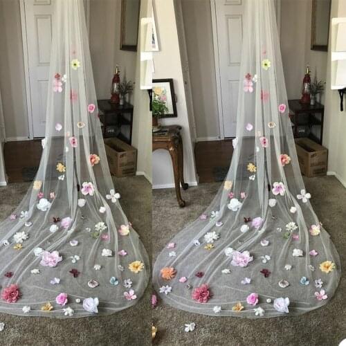 2021 Colorful Bridal Veils Flower Headdress Wedding Accessories Studio Photo Taking With Hair Comb 3M Long Sequin Lace Veils