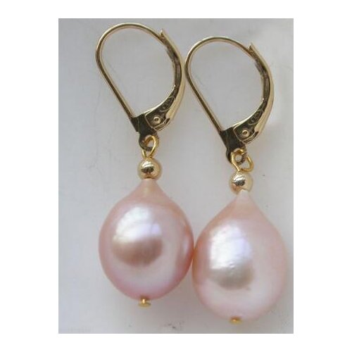 Free shipping>>>>noble jewelry 14K Yellow Gold Natural AAA 10-12mm South Sea Pink Purple Dangle Pearl Earrings