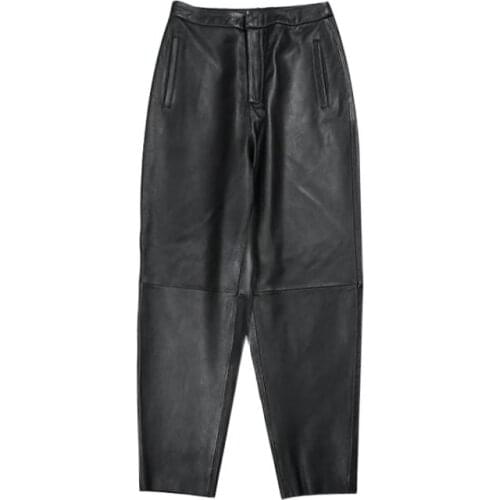 Real Sheep Skin Ninth Genuine Leather Pants Sexy Club Loose Women Black Midi Waist Pant Green Ladies Trousers Korean Clothes