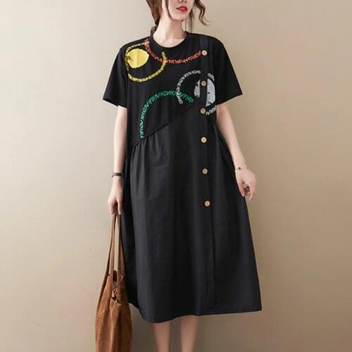 Korea Style Print Letter Patchwork Black Girls Chic Dress 2021 New Arrival Loose Summer Dress Fashion Women Casual Midi Dress