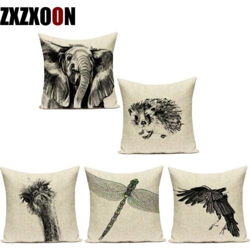 Decorative Pillows Case Black White Animals Elephant Hedgehog Giraffe Polyester Pillow Cushion Cover for Living Room Cojines