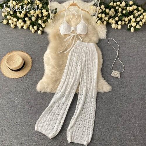 EKUWA 2021 Chic Fashion Elegant Two Piece Women Dresses BRA Tops Hook Floral Hollow Chic Sexy Summer Womens Suits Beach Wear