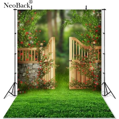 NeoBack Spring Easter Fairy Green Banister Door Grass Floor Garden View New Born Baby Children Backdrop Photography Background