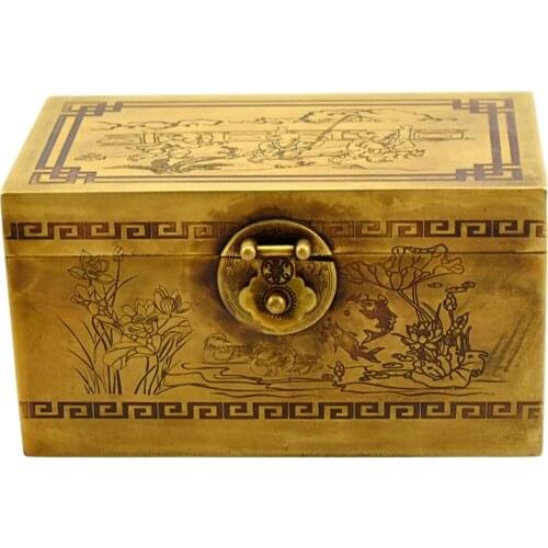 Chinese old beijing treasure chest, copper storage box, brass boys play spring figure jewelry box