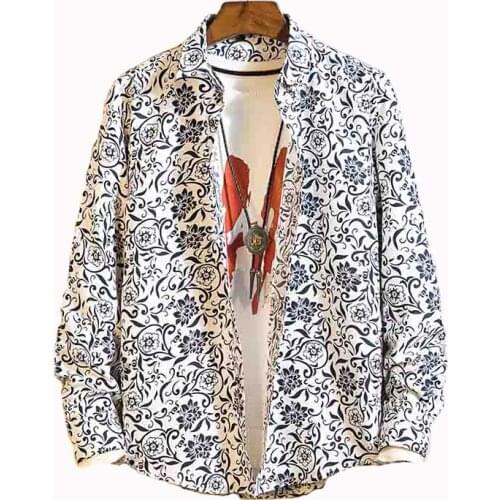 Retro Floral Printed Man Casual Shirts Fashion Classic Men Dress Shirt Breathable Mens Long Sleeve Brand Clothing Men Long Slee