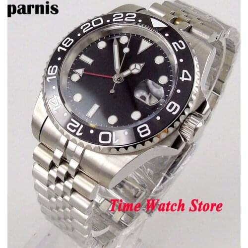 40mm PARNIS sterile black dial sapphire crystal automatic mens mechanical watch ceramic bezel date Jubilee bracelet GMT