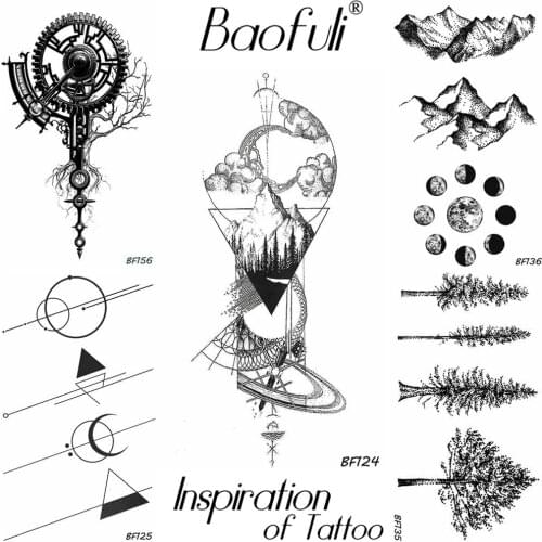 BAOFULI Men Geometry Round Triangle Star Orbit Temporary Tattoo Sticker Crescent Clound Hill Tree Tattoo Black Body Art Tatoos