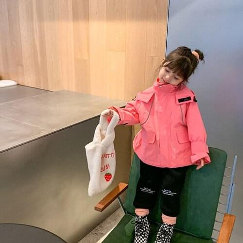 2021New Girls Spring And Autumn Childrens Clothes Trench Medium Length Zipper Coat Hooded Ski-Wear Tooling Thickening Coat