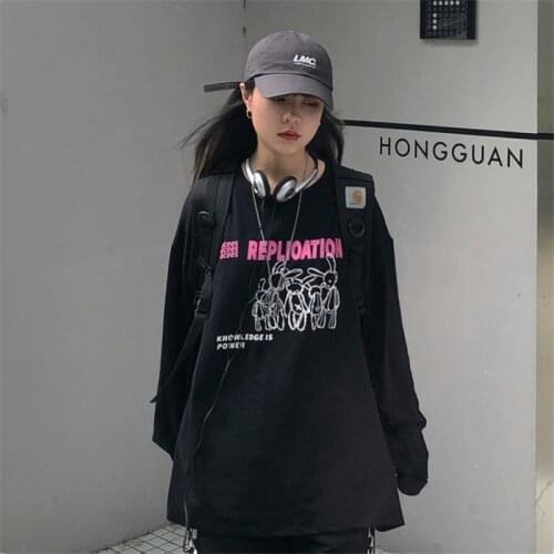 Autumn Gothic Harajuku Streetwear Hip Hop T Shirt Casual Long Sleeve T-Shirt Cute Cartoon Kawaii Black Punk Tops Femaales Males