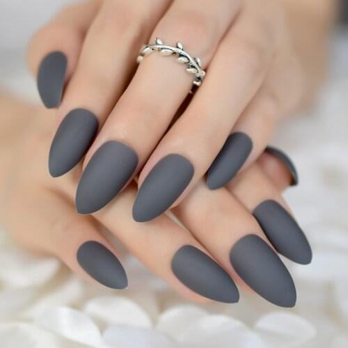 Rubber Surface Matte Point False Nails Grandma Gray Almond Fake Nail Tips Artificial Manicure Tips Fingernails 24Ct