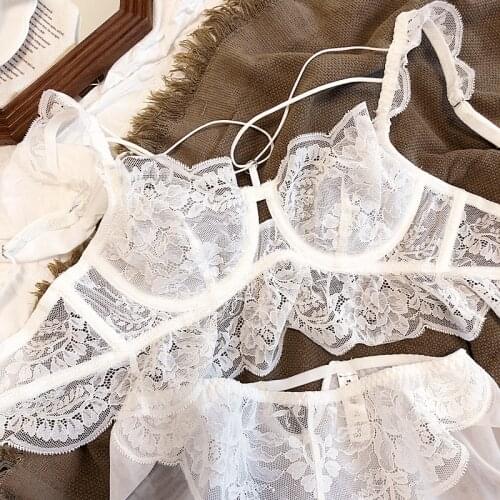 Wriufred Bandage sexy lace perspective lingerie sets ultra-thin steel ring big breasts women bra set ladies large size underwear