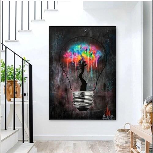 Light bulb graffiti art canvas paintings and posters, abstract street wall art pictures, for family living room decoration