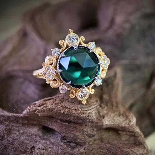 Top Quality Gold Color Flower Rings Created Green Round Crystal Finger Rings Elegant Brand Jewelry CZ Austrian Crystal For Women