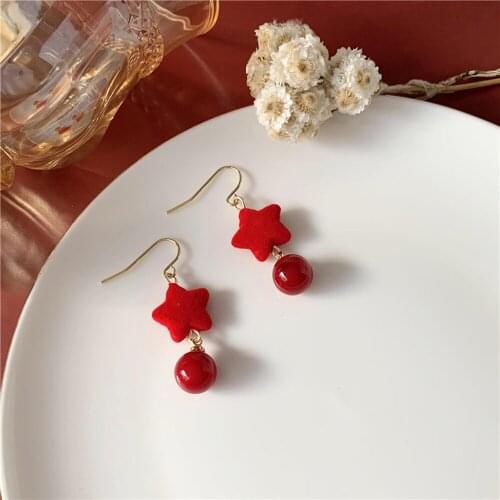 South Korea Fashion Pentagram Earrings New Tide Restoring Ancient Ways Is Festival Red Beads Female The New Year Stud Earrings