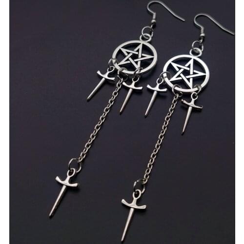 Pentagram Sword Earrings Silver Plated Hug Hoop Pendant Witch Jewelry Pagan Wikentaro Gothic Emo Womens Gift