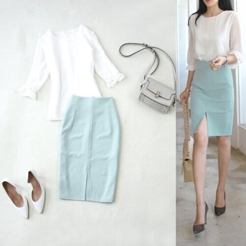 Women two piece outfits female summer newchiffon seven-point sleeve small shirt light blue split fork hip pencil skirt two-piece