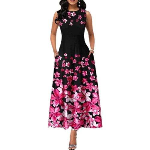 European Style Women Summer Vintage Print Pockets Maxi Dress Casual High Waist O-neck Sexy Sleeveless A-line Long Dress Vestidos
