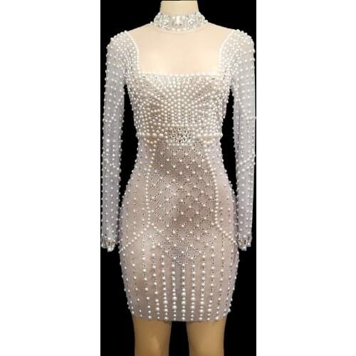 Sexy Net Yarn See Through Short Dress Full Bling Rhinestone Pearls Women Birthday Celebrity Prom Party Dresses Singer Stage Wear