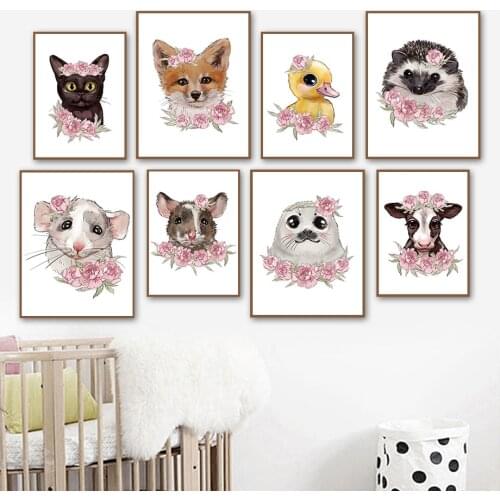 Animal Fox Sea Lion Hedgehog Cow Mouse Flower Wall Art Canvas Painting Nordic Posters And Prints Wall Pictures Kids Room Decor