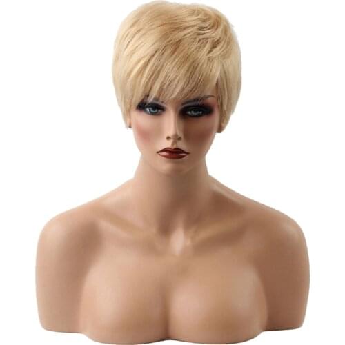 Gold Short RESISTANT 100 % Real Human Hair Wigs With Cap For Women Lady