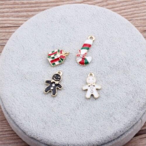 10pcs/lot Zinc Alloy Enamel Charms Christmas series Pendant Gold Biscuit Man Gift Box Charms For Jewelry Making Accessories DIY