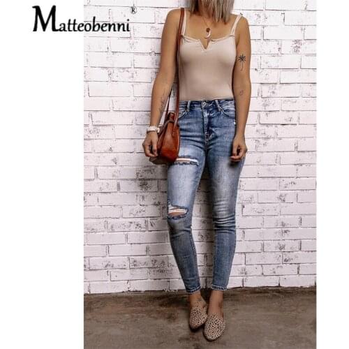 2020 Fashion Womens Stretch Skinny Ripped Hole Washed Denim Jeans Female Slim Jeggings High Waist Casual Pencil Pants Trousers