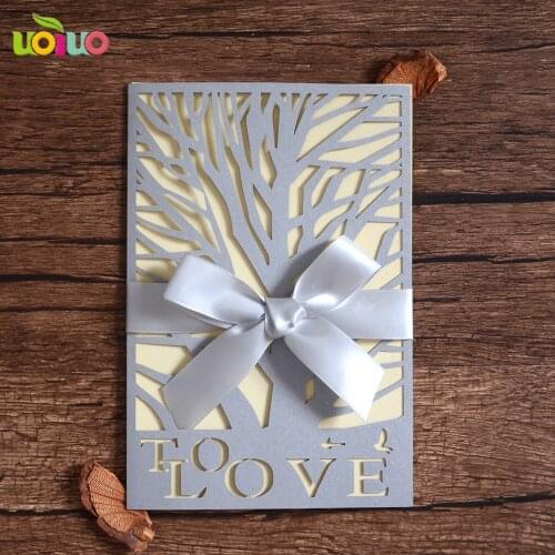 50pcs/lot hot sale flower romantic Laser Cut Wedding Invitation Card low price luxurious love tree silver wedding invitation