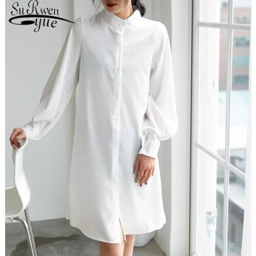 Fashion Stand Collar Chiffon Blouse Solid Long Sleeve Tops Lantern Sleeves Clothing Blusas Mujer De Moda 2019 Streetwear 5263 50
