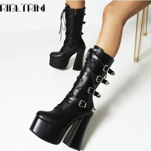 RIBETRINI Brand Luxury Designer Platform Block High Heels Zipper Lace Up Goth Women Shoes Punk Party Dress Autumn womens Boots