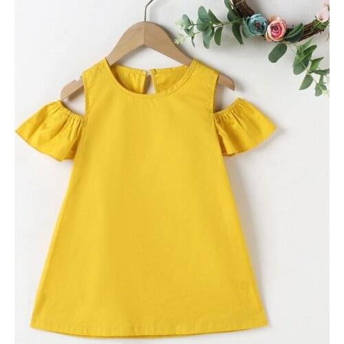 Baby Girl Off Shoulder Dress Short Sleeve Cotton Girls Lantern Sleeves Kids Summer Dress Solid Color