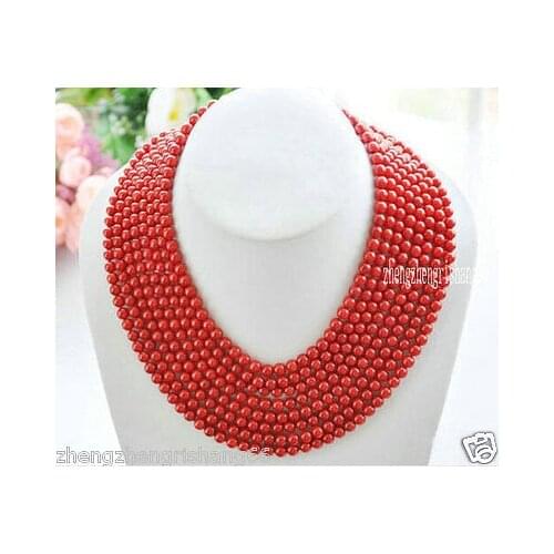Hot sale Shipping>>>>>Charming! 8 Rows 6mm Red Coral Round Beads Necklace 17-24" mujer moda