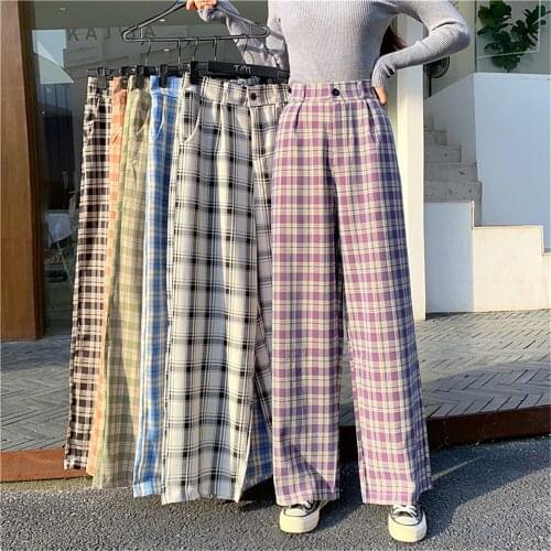 Plaid Women Pants Elastic High Waist Korean Fashion Plus Size Loose Spring Ladies Full Straight Pants Casual Trousers S-4XL