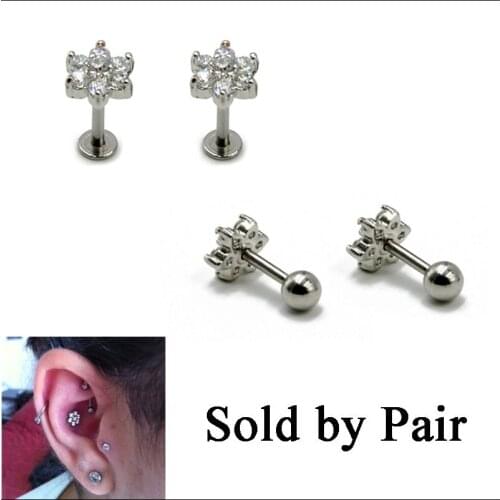 PAIR Steel Prong Set Crystal Zircon Flower Ear Cartilage Tragus Helix Earring Piercing Labret Stud Lip Ring Charming Jewelry 16g