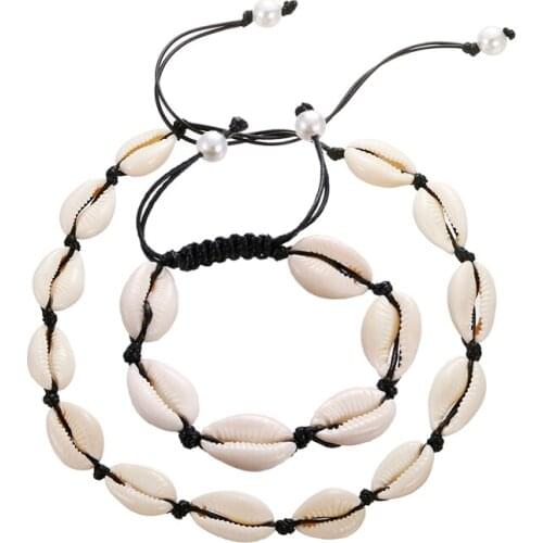 2pc/set Women Puka Shell Necklace Bracelet Set Natural Seashell Conch Braid Rope Collar Choker Bangle Charm Summer Beach Jewelry
