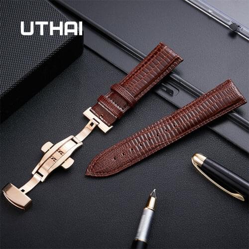 UTHAI Z29 Genuine leather Watchband 14MM 16MM 18MM 20MM 22MM Butterfly buckle Band Steel Buckle Strap Wrist Belt Bracelet + TooL